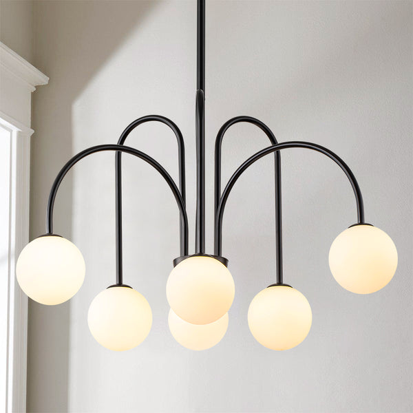 Dresqui 6-Light Mid-Century White Glass Globe Chandelier (31"）