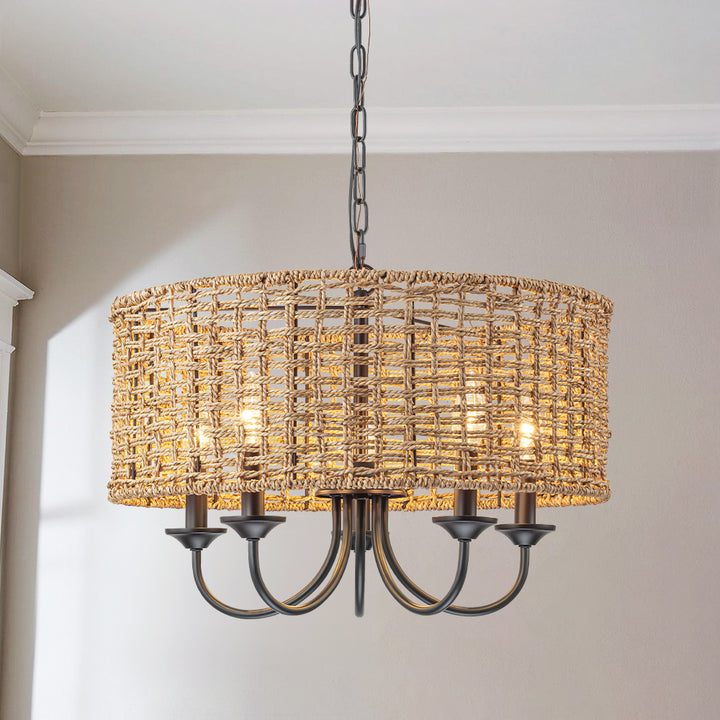 Rayvia 5-Light Distressed Hand-Woven Drum Rustic Chandelier (20") Brightelier