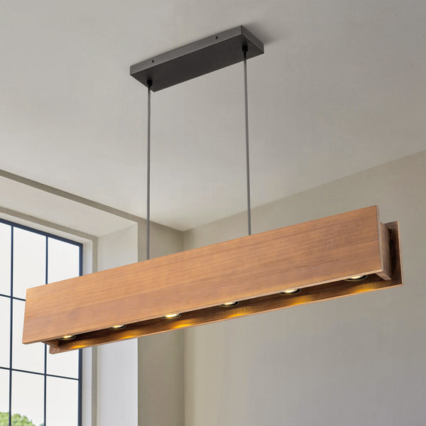 Soluma 6-Light Dimmable Wood Farmhouse Rectangle Kitchen Island Pendant (39")