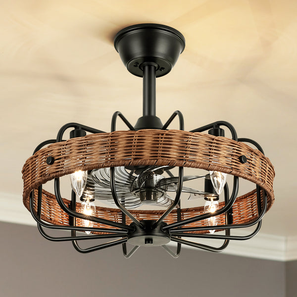 Solith 4-Light Drum Woven Rattan Farmhouse Modern Ceiling Fan (19")