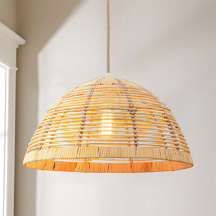 Arcluna 1-Light Natural Bamboo Woven Dome Boho Pendant (20") Brightelier