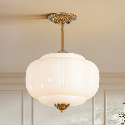 Terrana 1-Light Antique Brass Milk White Glass Pumpkin Semi-Flush Mount Ceiling Light (15