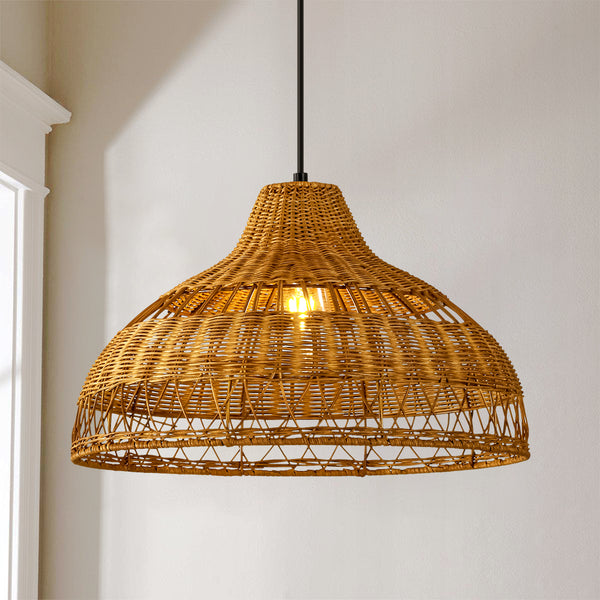 Arcluna 1-Light Natural Handwoven Rattan Dome Farmhouse Pendant (17") Brightelier