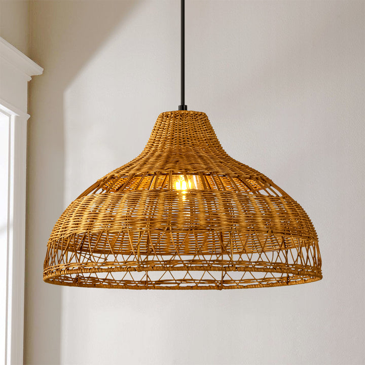 Arcluna 1-Light Natural Handwoven Rattan Dome Farmhouse Pendant (17") Brightelier