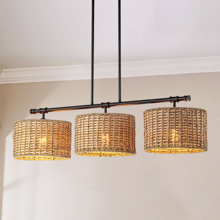 Halona 3-Light Drum Handwoven Farmhouse Rattan Boho Pendant (39") Brightelier