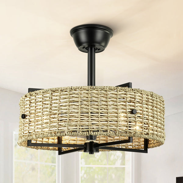 Solith 4-Light Drum Woven Rattan Farmhouse Boho Ceiling Fan (19")