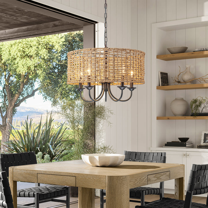 Rayvia 5-Light Distressed Hand-Woven Drum Rustic Chandelier (20") Brightelier