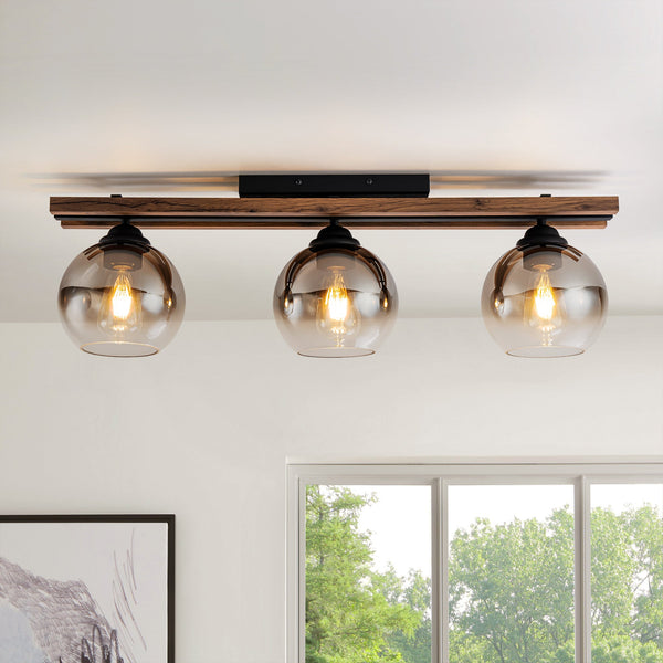 Zylla 3-Light Dimmable Wood & Glass Farmhouse Shaded Flush Mount(31") My Store