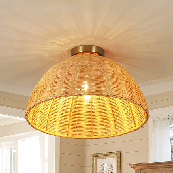 Arcluna 1-Light Dimmable Handwoven Rattan Boho Dome Flush Mount (16") My Store