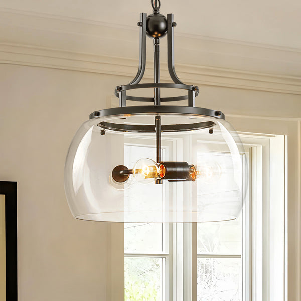 Mirevo 3-Light Dimmable Matte Black Clear Glass Dome Pendant (16") Brightelier