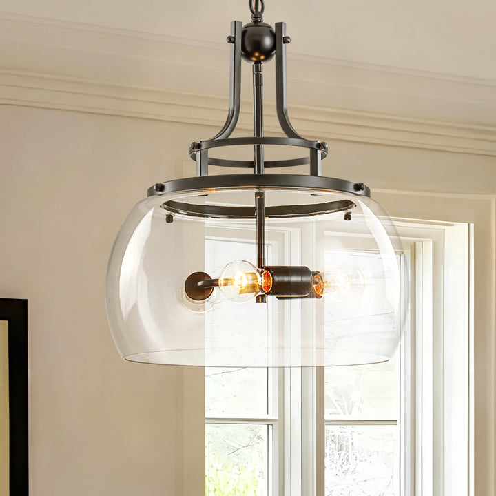 Mirevo 3-Light Dimmable Matte Black Clear Glass Dome Pendant (16") Brightelier