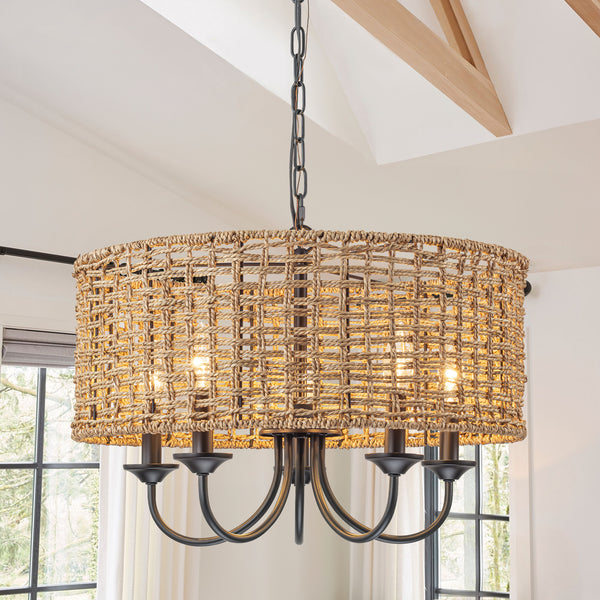 Rayvia 5-Light Distressed Hand-Woven Drum Rustic Chandelier (20")