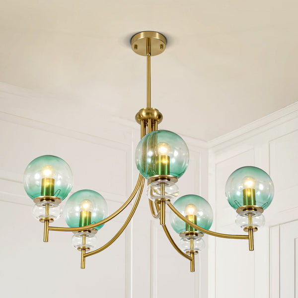 Lustra 5-Light Sputnik Gradient Green Glass Bubble Mid-Century Chandelier (31") Brightelier