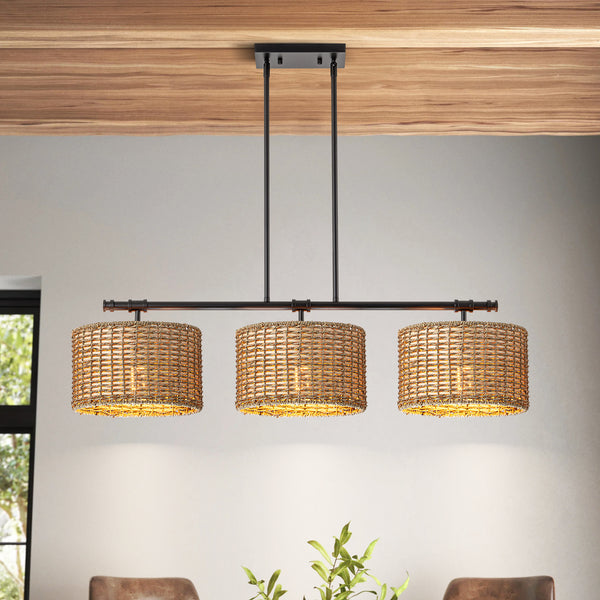 Halona 3-Light Drum Handwoven Farmhouse Rattan Boho Pendant (39")