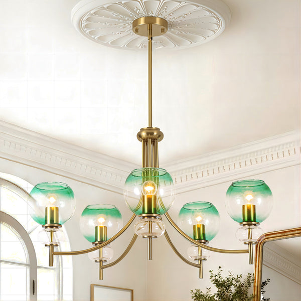 5-Light Sputnik Gradient Green Glass Globe Modern Glam Chandelier (31") Brightelier