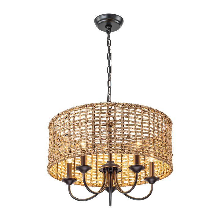 Rayvia 5-Light Distressed Hand-Woven Drum Rustic Chandelier (20") Brightelier