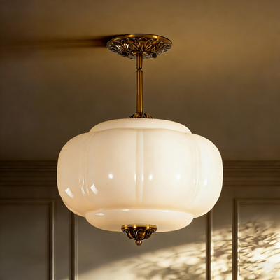 Terrana 1-Light Antique Brass Green Glass Pumpkin Semi-Flush Mount Ceiling Light (15