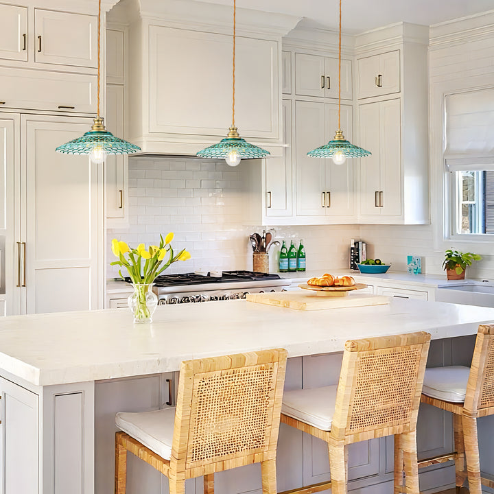 Noctiva 1-Light Brass & Textured Blue Glass Vintage Pendant (11") Brightelier