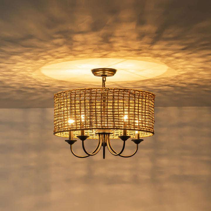 Rayvia 5-Light Distressed Hand-Woven Drum Rustic Chandelier (20") Brightelier