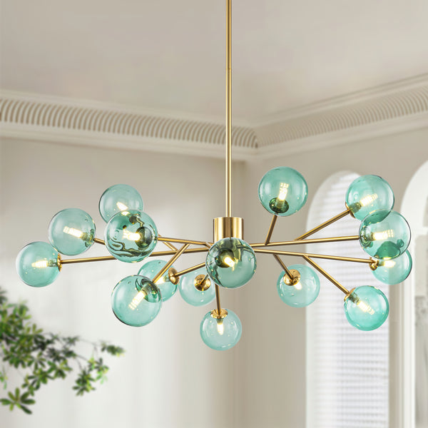 Dresqui 15-Light Dimmable Transitional Green Glass Bubble Chandelier(40")