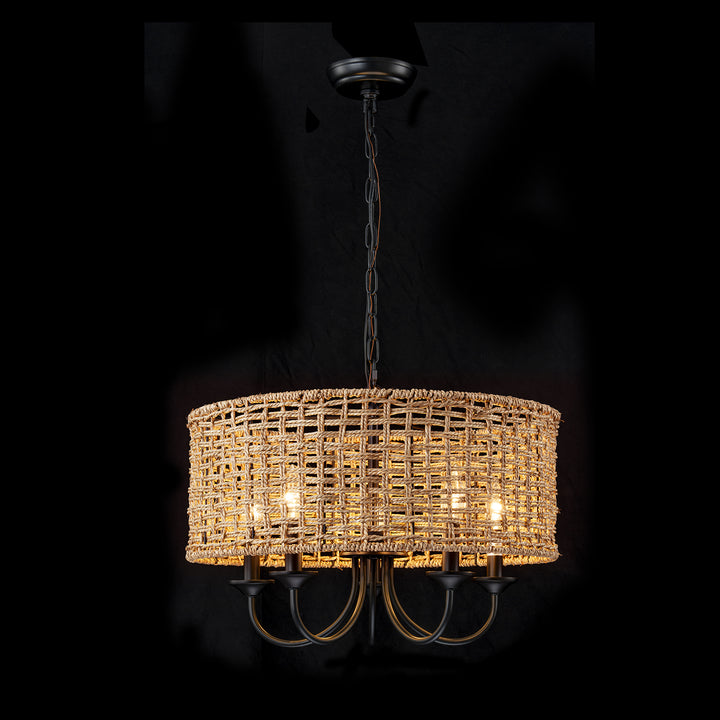 Rayvia 5-Light Distressed Hand-Woven Drum Rustic Chandelier (20") Brightelier