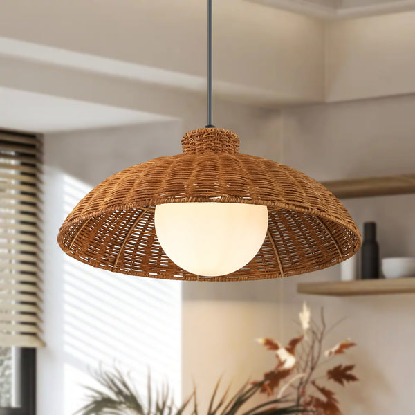 Arcluna 1-Light Natural Woven Rattan Boho Pendant (16")