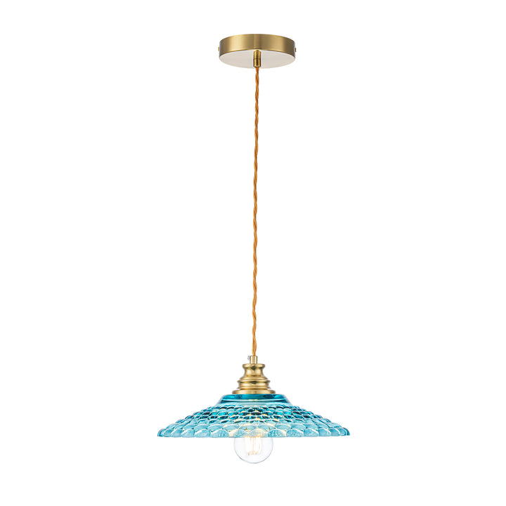 Noctiva 1-Light Brass & Textured Blue Glass Vintage Pendant (11") Brightelier